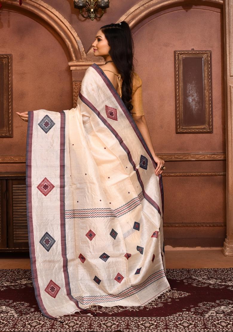 Off White Embroidered Tussar Saree Set