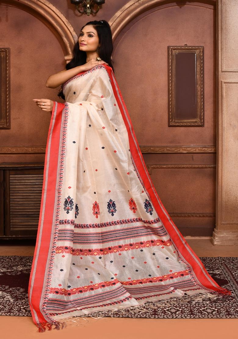 Off White Embroidered Tussar Saree Set
