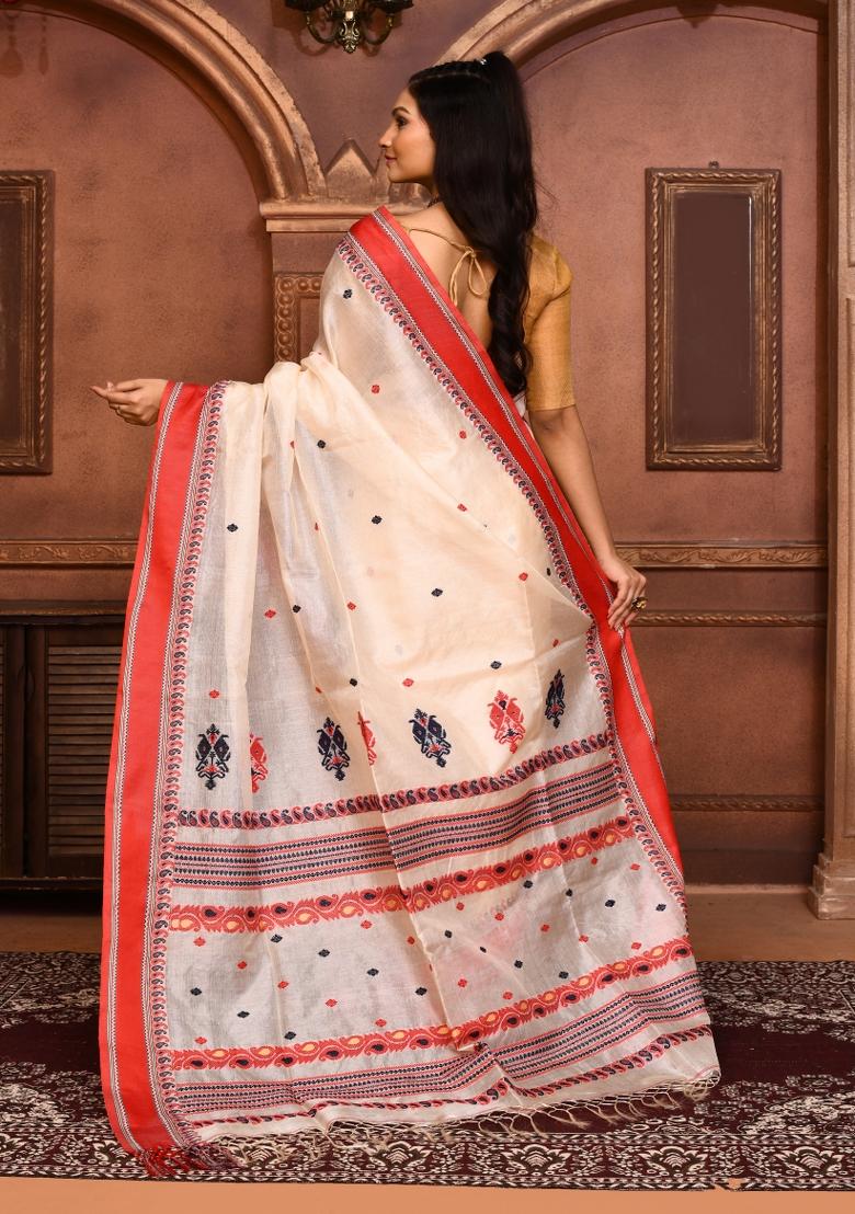 Off White Embroidered Tussar Saree Set