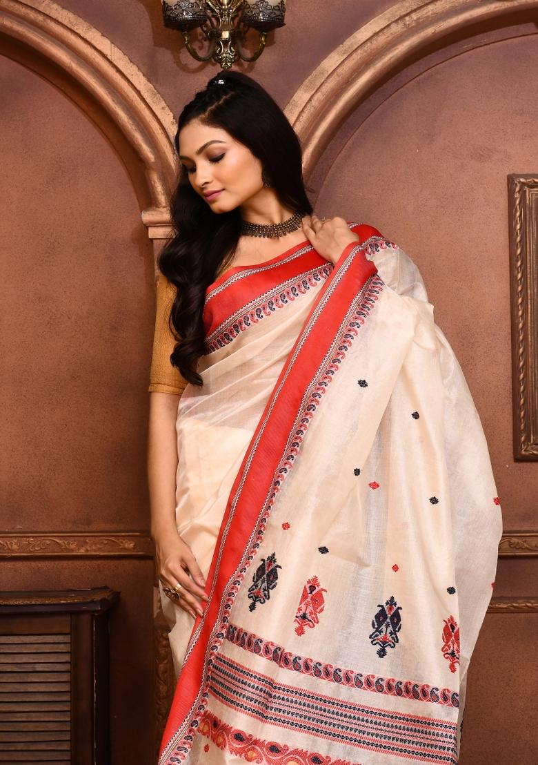 Off White Embroidered Tussar Saree Set