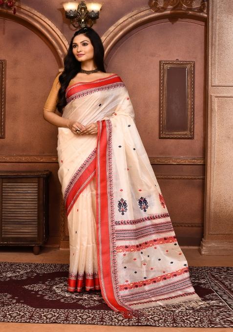 Off White Embroidered Tussar Saree Set