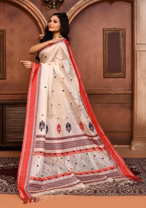Off White Embroidered Tussar Saree Set