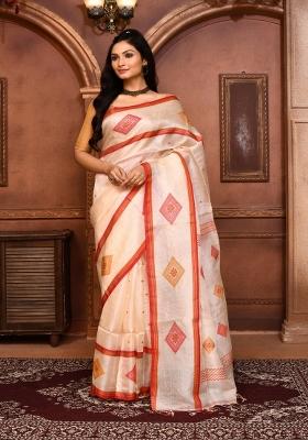 Off White Embroidered Tussar Saree Set