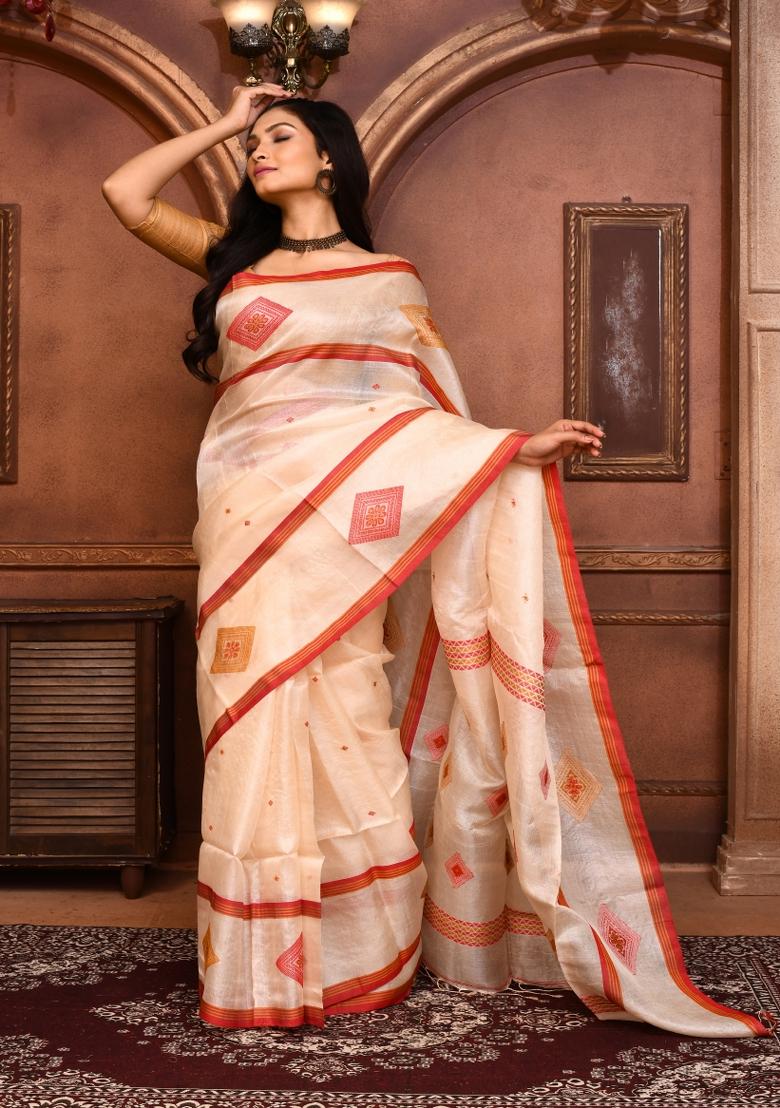 Off White Embroidered Tussar Saree Set