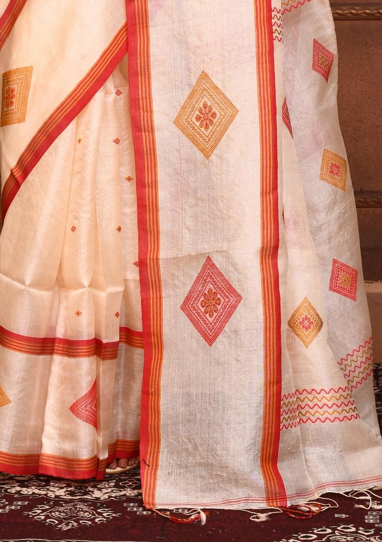 Off White Embroidered Tussar Saree Set