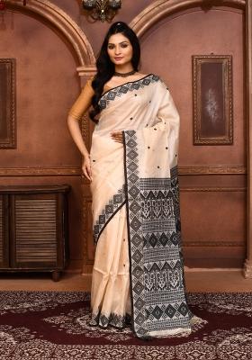 Off White Embroidered Tussar Saree Set