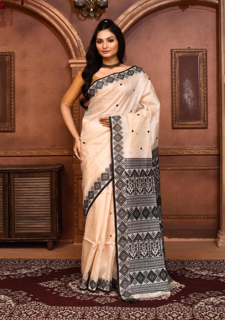 Off White Embroidered Tussar Saree Set