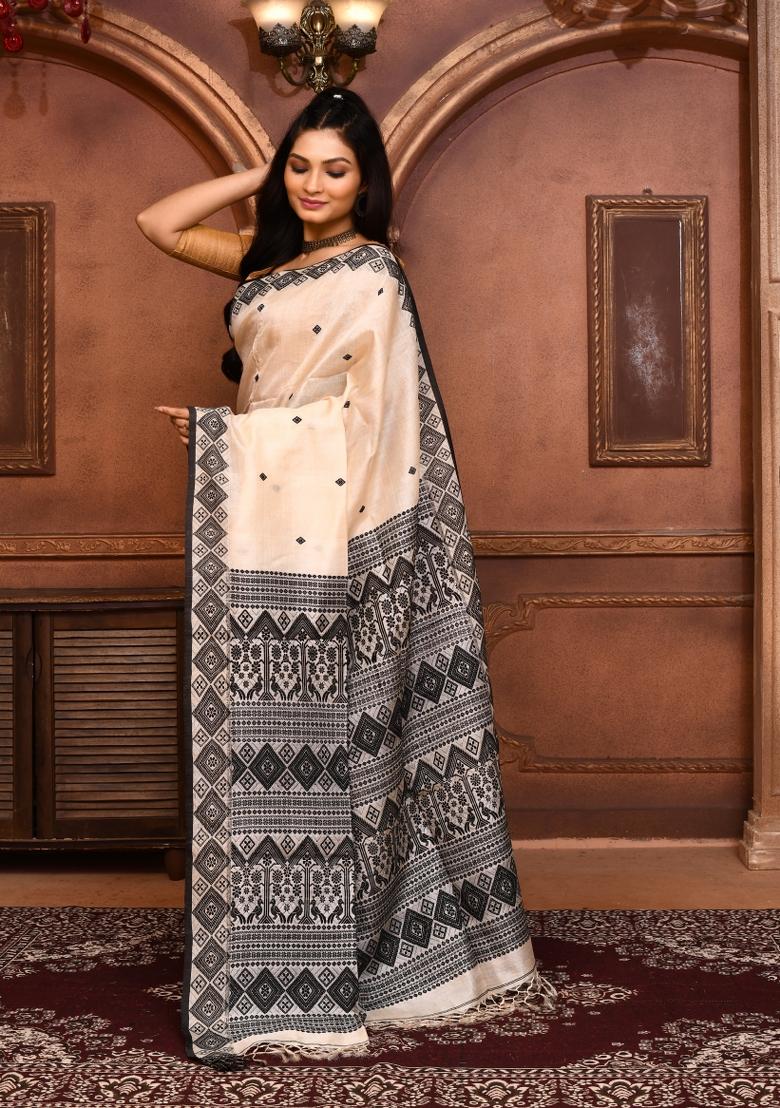Off White Embroidered Tussar Saree Set