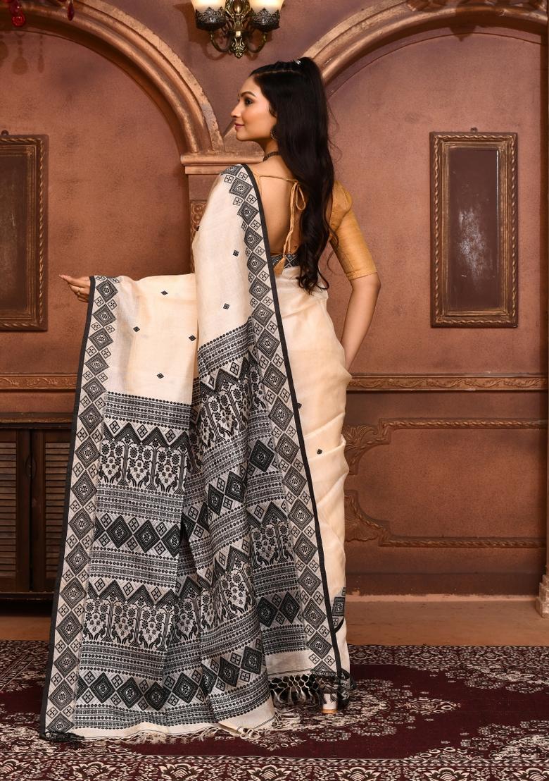 Off White Embroidered Tussar Saree Set