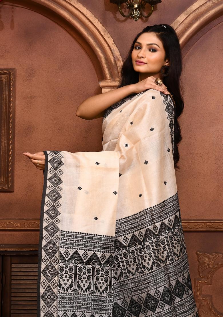 Off White Embroidered Tussar Saree Set