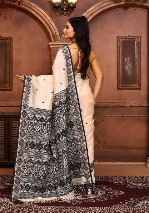 Off White Embroidered Tussar Saree Set