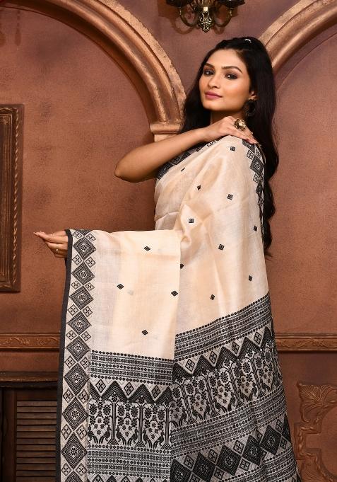 Off White Embroidered Tussar Saree Set