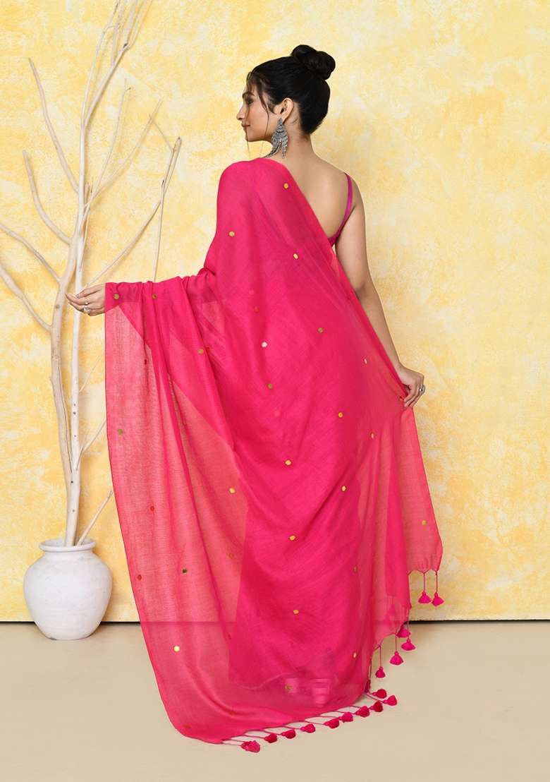 Pink Sequin Embroidered Cotton Saree Set for Diwali and Festive Wear - Indya