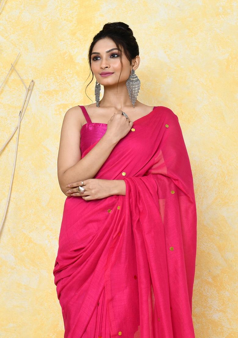 Pink Sequin Embroidered Cotton Saree Set