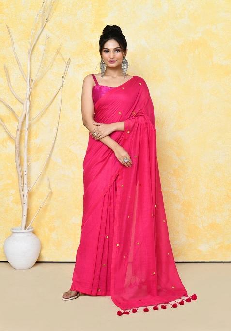 Pink Sequin Embroidered Cotton Saree Set