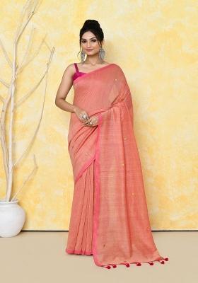 Peach Sequin Embroidered Cotton Saree Set