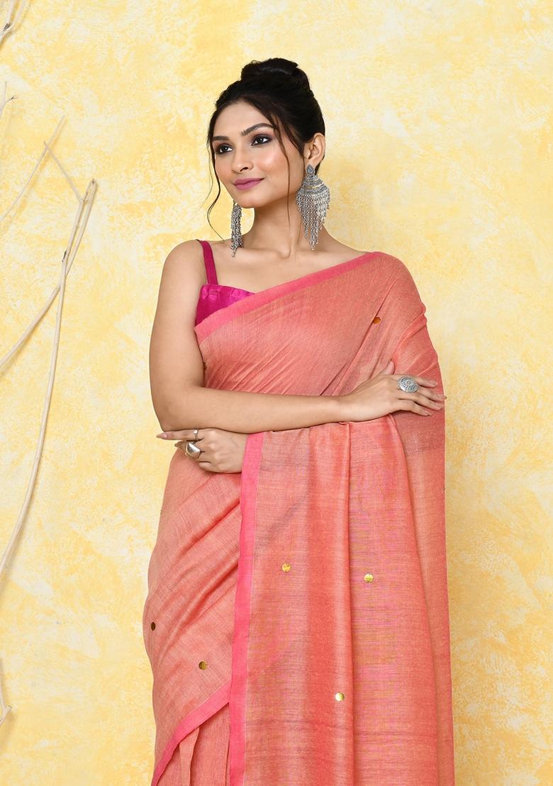 Peach Sequin Embroidered Cotton Saree Set
