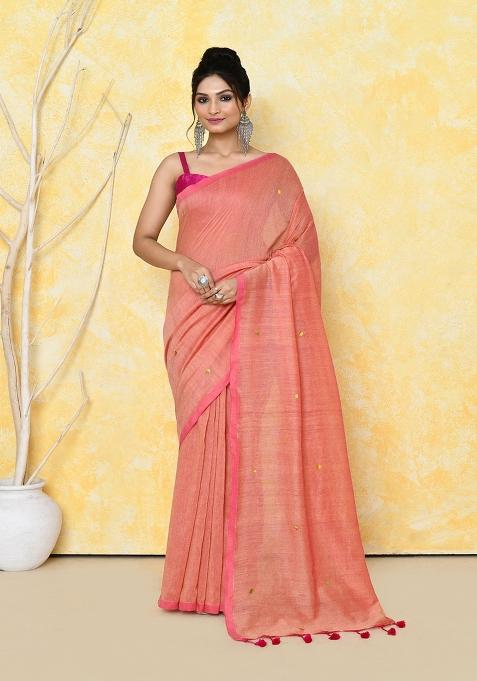 Peach Sequin Embroidered Cotton Saree Set