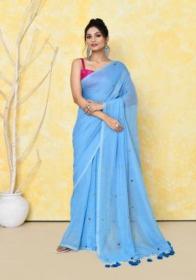 Sky Blue Sequin Embroidered Cotton Saree Set