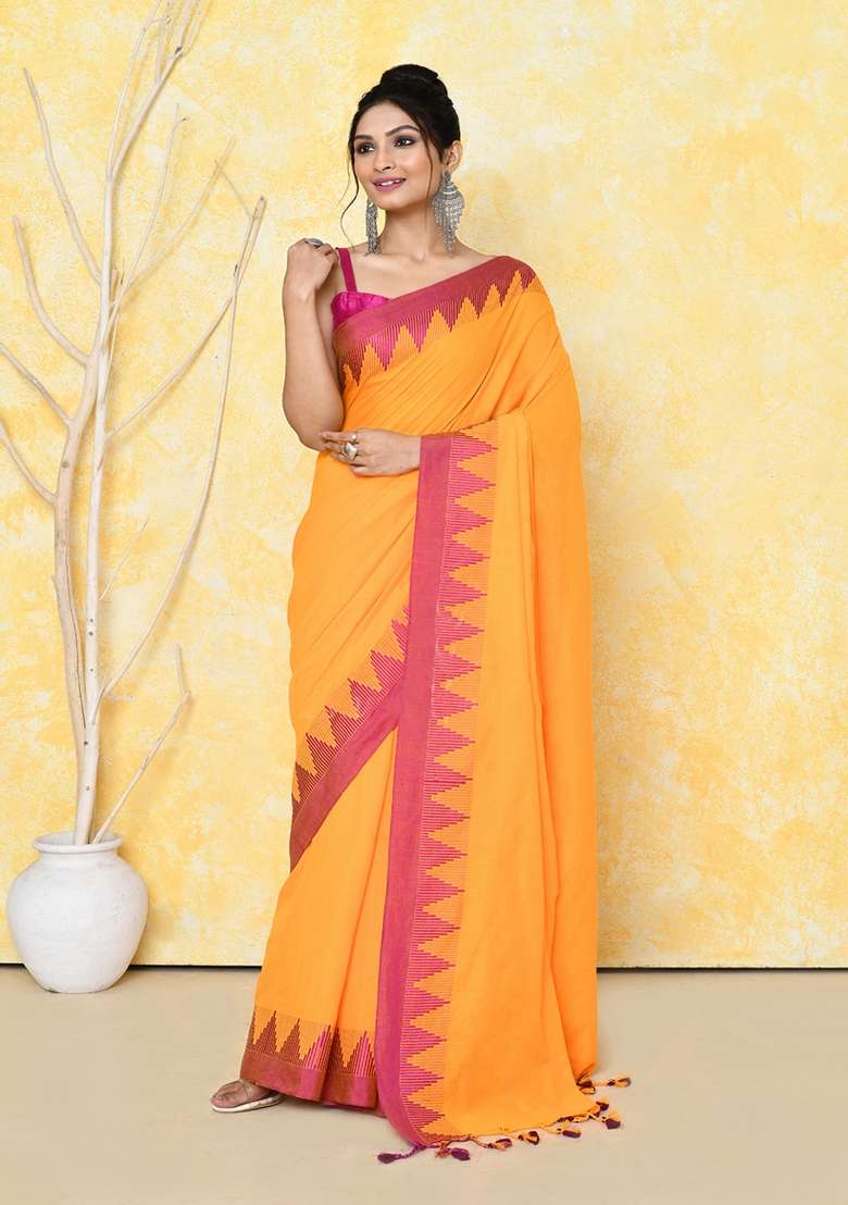 Mustard Yellow Embroidered Cotton Saree Set - Indya