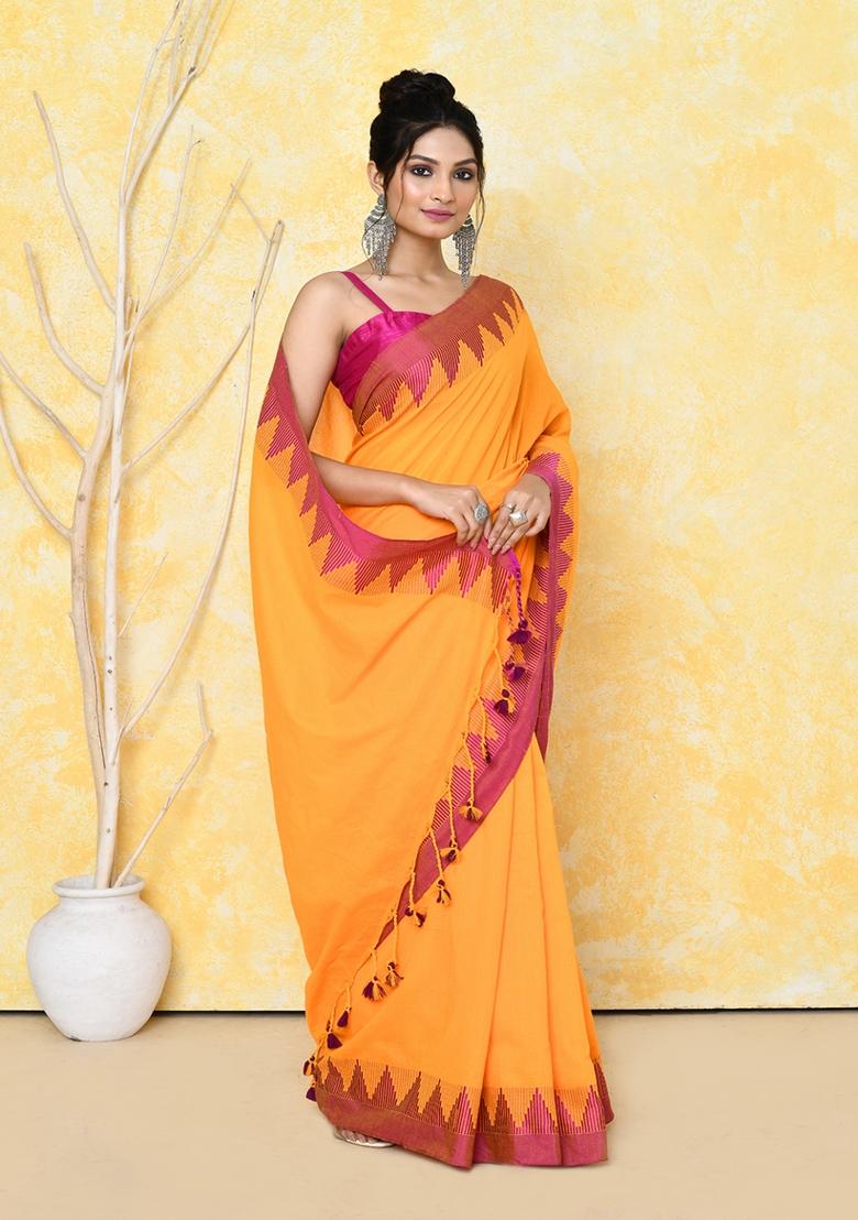 Mustard Yellow Embroidered Cotton Saree Set