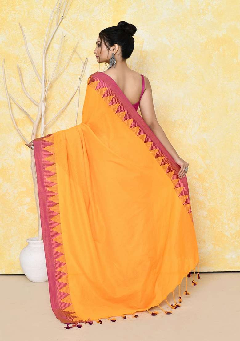 Mustard Yellow Embroidered Cotton Saree Set - Indya