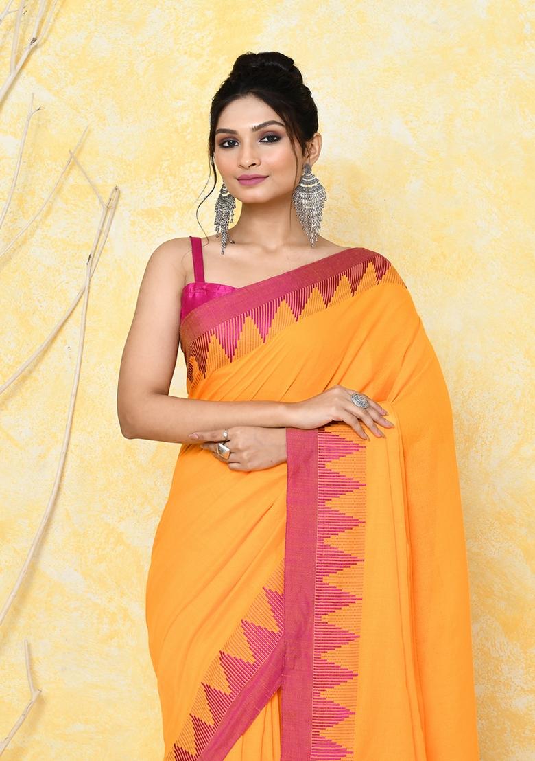 Mustard Yellow Embroidered Cotton Saree Set