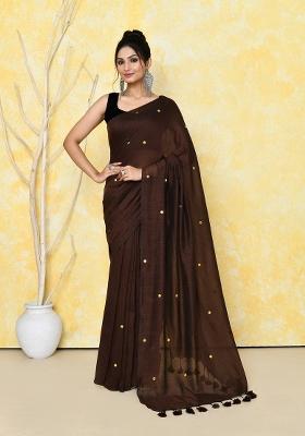 Chocolate Brown Sequin Embroidered Cotton Saree Set
