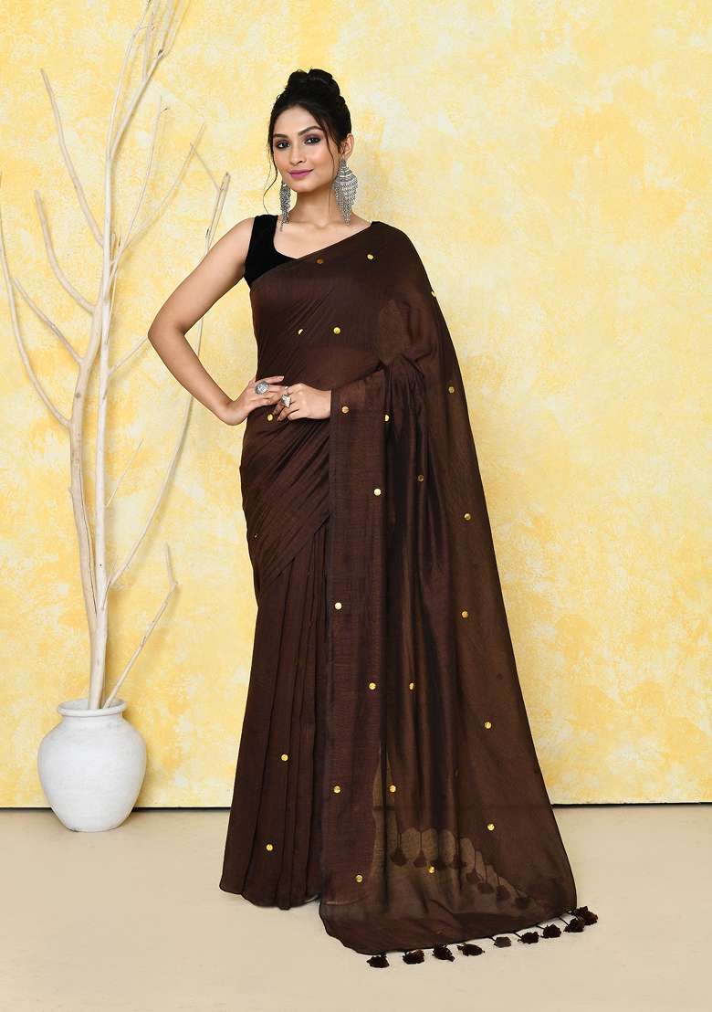 Chocolate Brown Sequin Embroidered Cotton Saree Set for Diwali and Festive Wear - Indya