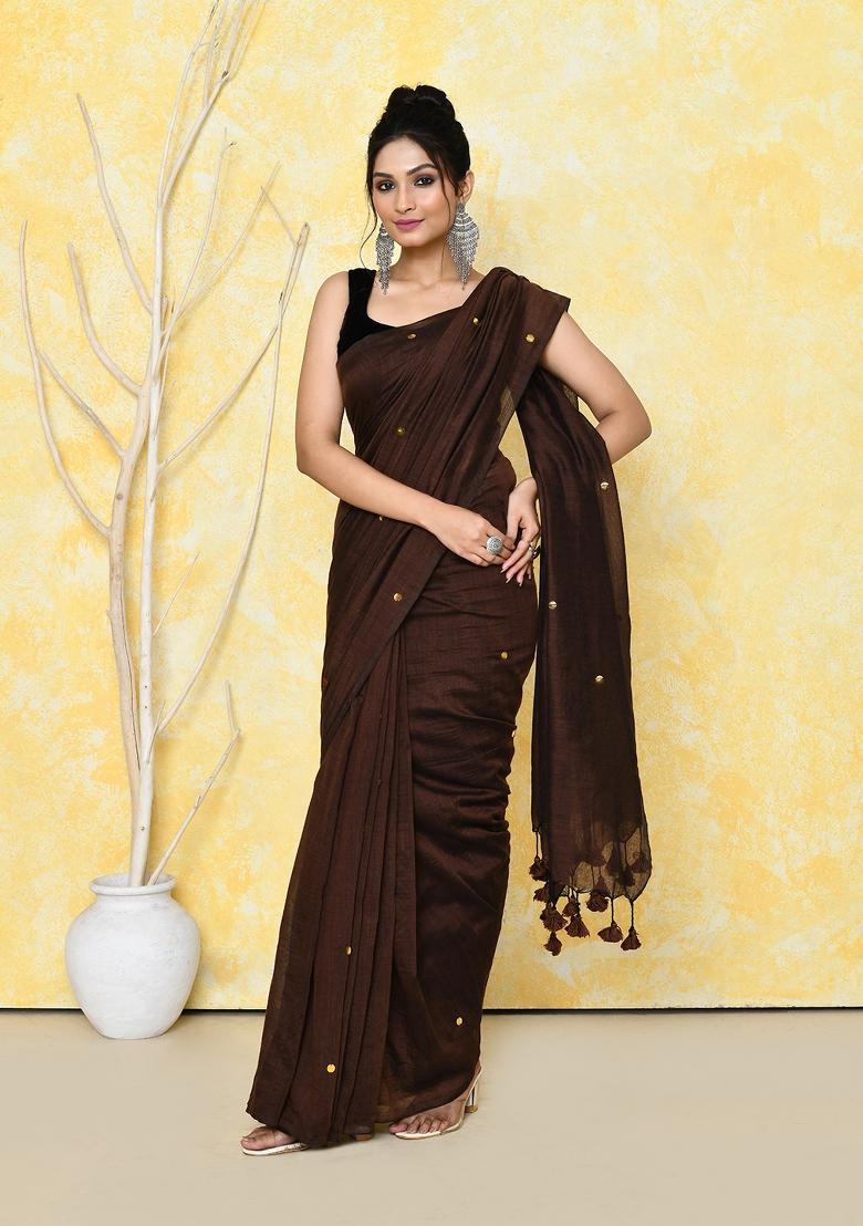 Chocolate Brown Sequin Embroidered Cotton Saree Set