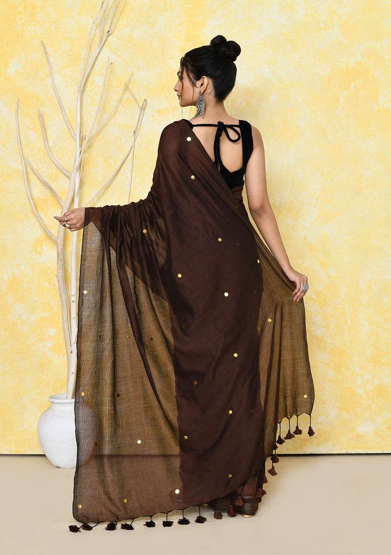 Chocolate Brown Sequin Embroidered Cotton Saree Set for Diwali and Festive Wear - Indya