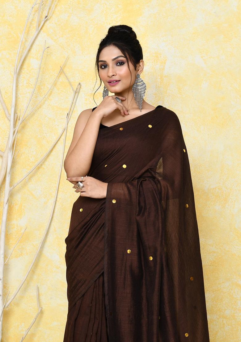 Chocolate Brown Sequin Embroidered Cotton Saree Set