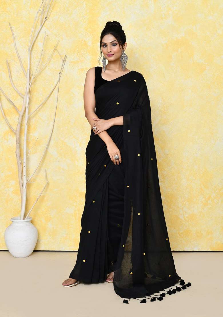 Black Cotton Saree Set with Embroidered & Sequin for Diwali | Wedding & Festive Wear - Indya