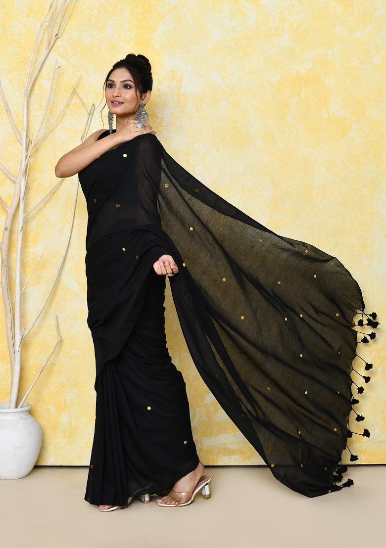 Black Sequin Embroidered Cotton Saree Set