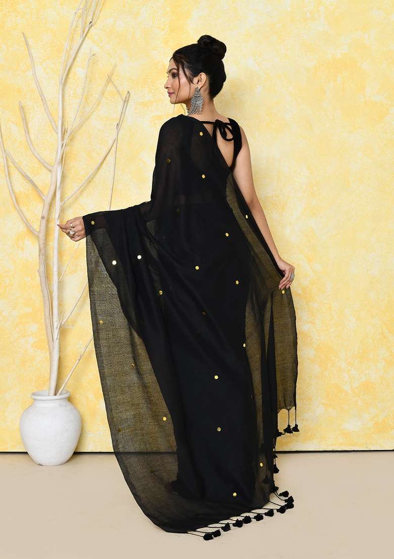 Black Cotton Saree Set with Embroidered & Sequin for Diwali | Wedding & Festive Wear - Indya