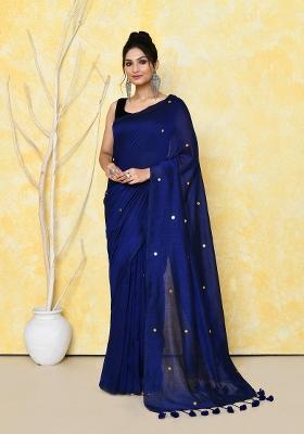 Blue Sequin Embroidered Cotton Saree Set