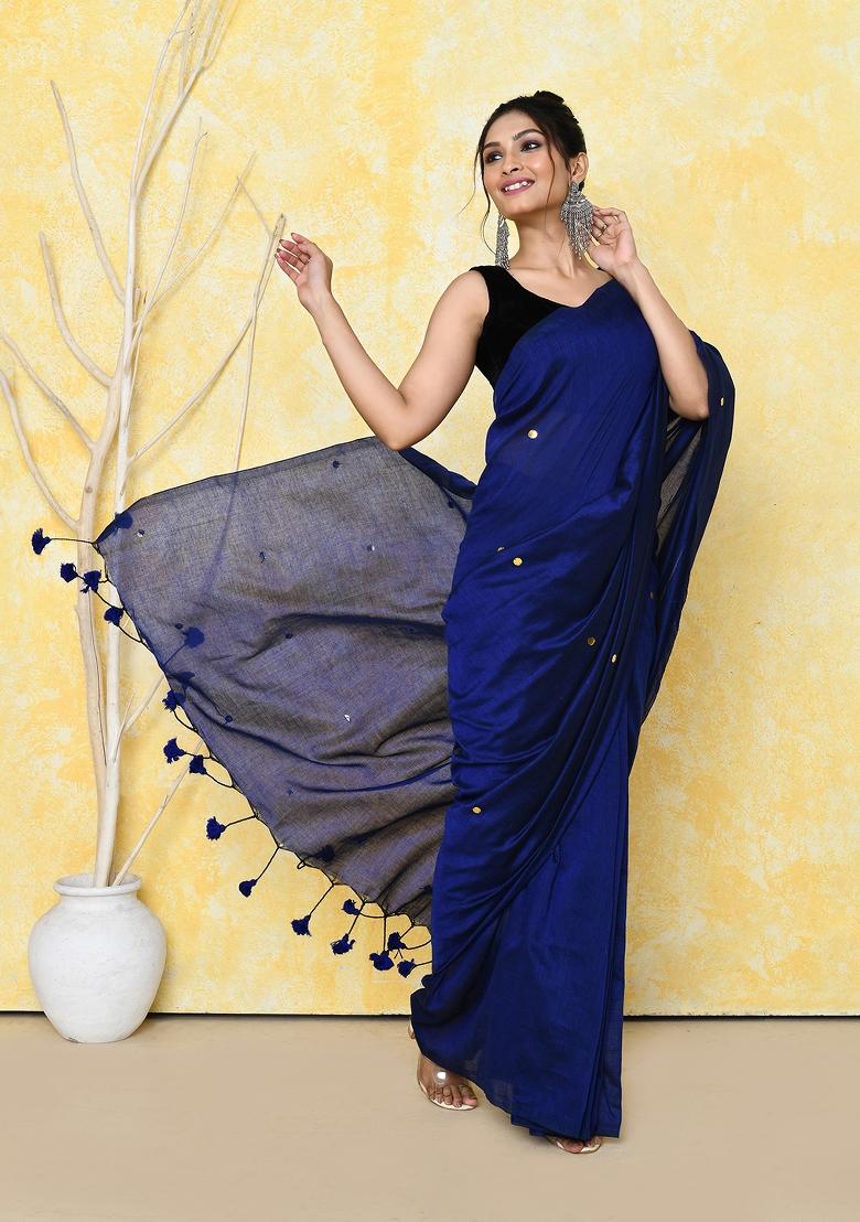 Blue Sequin Embroidered Cotton Saree Set