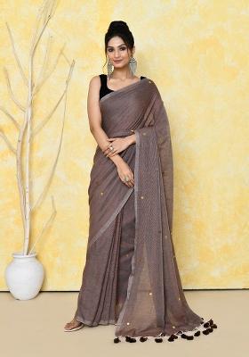 Mocha Sequin Embroidered Cotton Saree Set