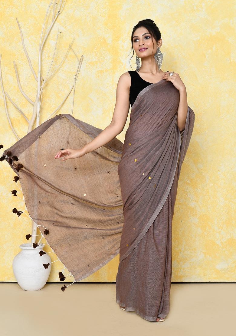 Mocha Sequin Embroidered Cotton Saree Set