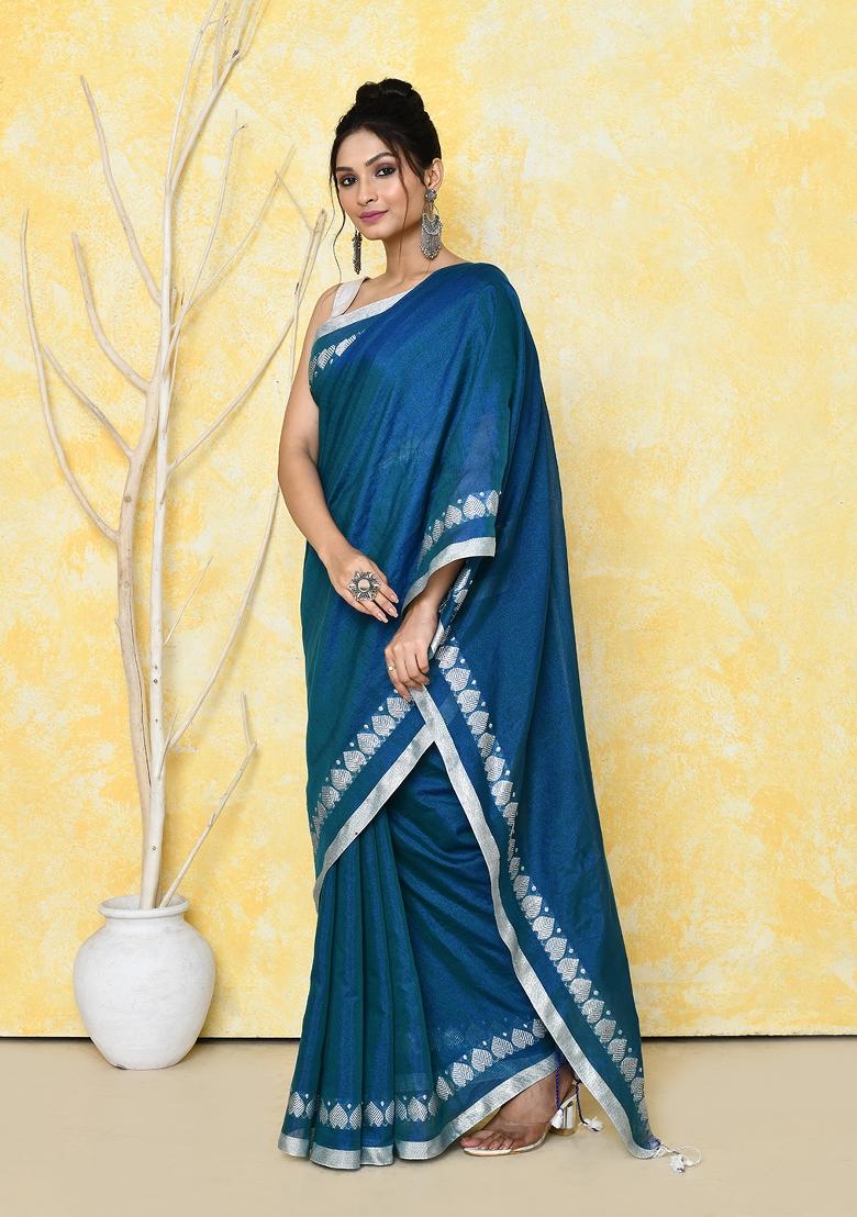Navy Blue Solid Tissue Saree Set