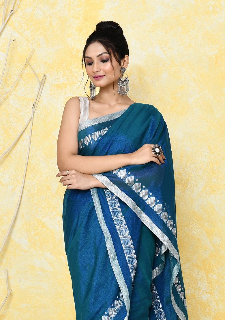 Navy Blue Solid Tissue Saree Set