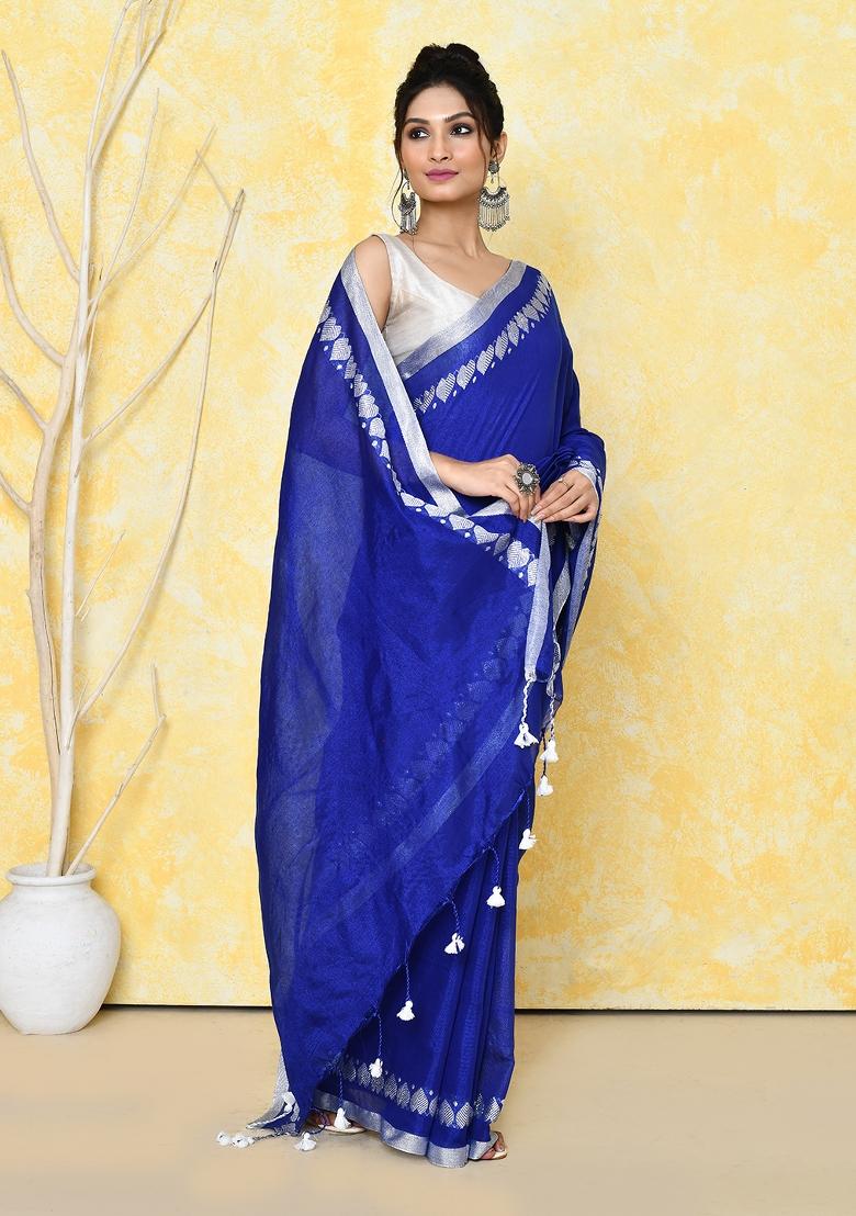 Royel Blue Solid Tissue Saree Set