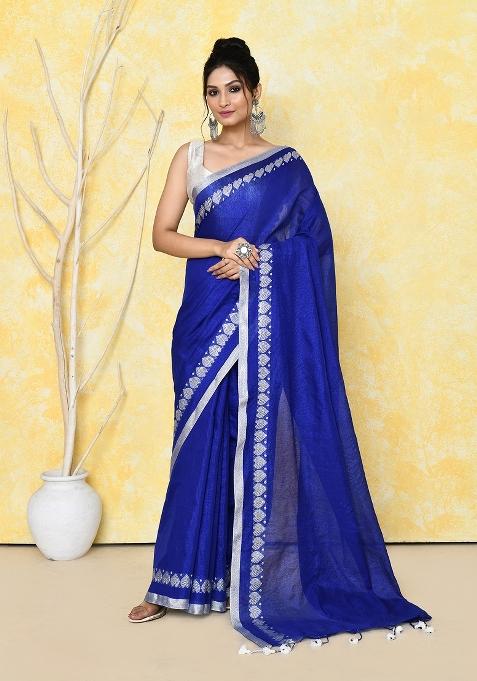 Royel Blue Solid Tissue Saree Set — view on Indya