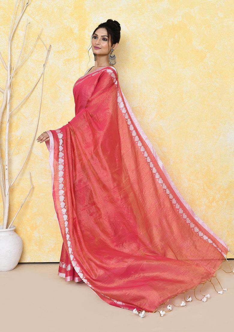 Tomato Red Solid Tissue Saree Set