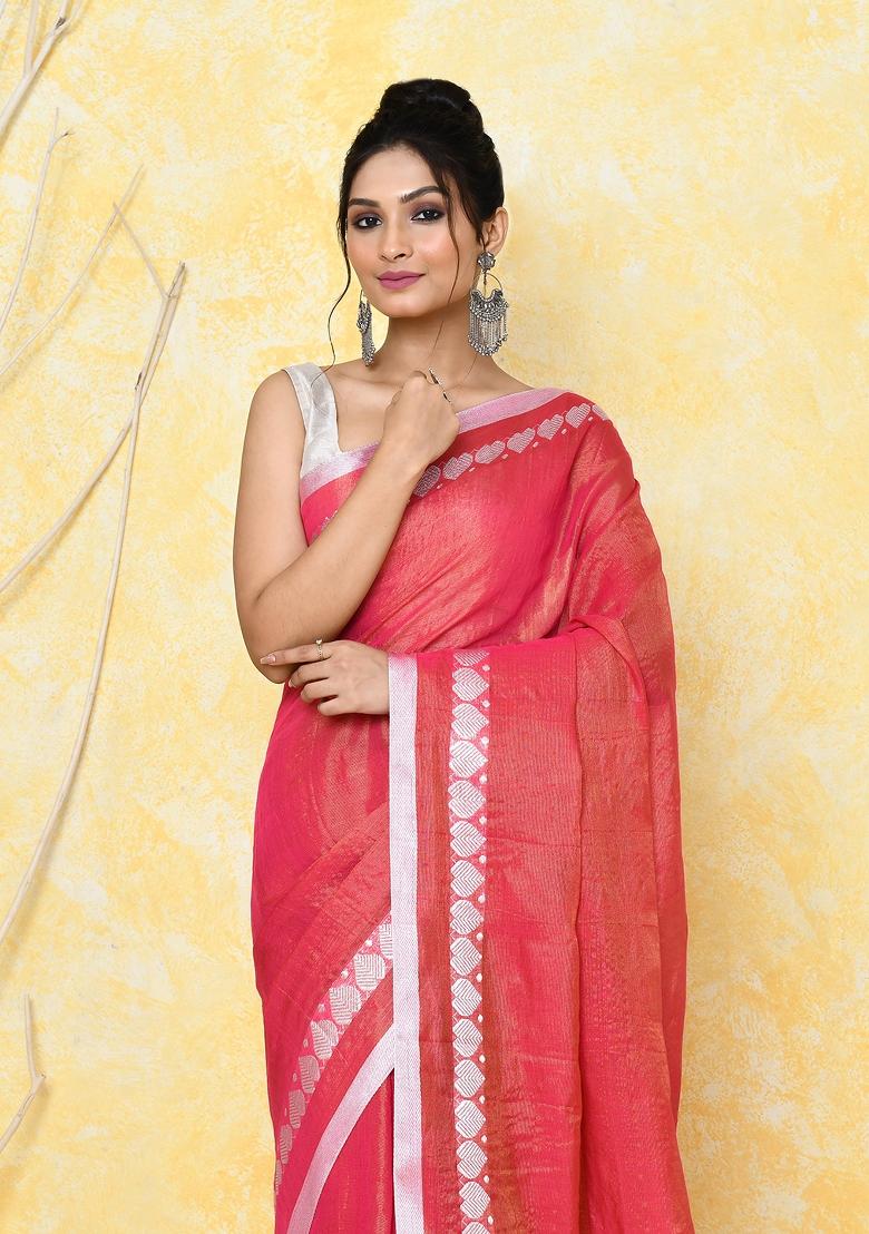 Tomato Red Solid Tissue Saree Set
