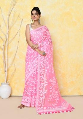 Pink Embroidered Cotton Silk Saree