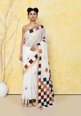 White Embroidered Cotton Saree