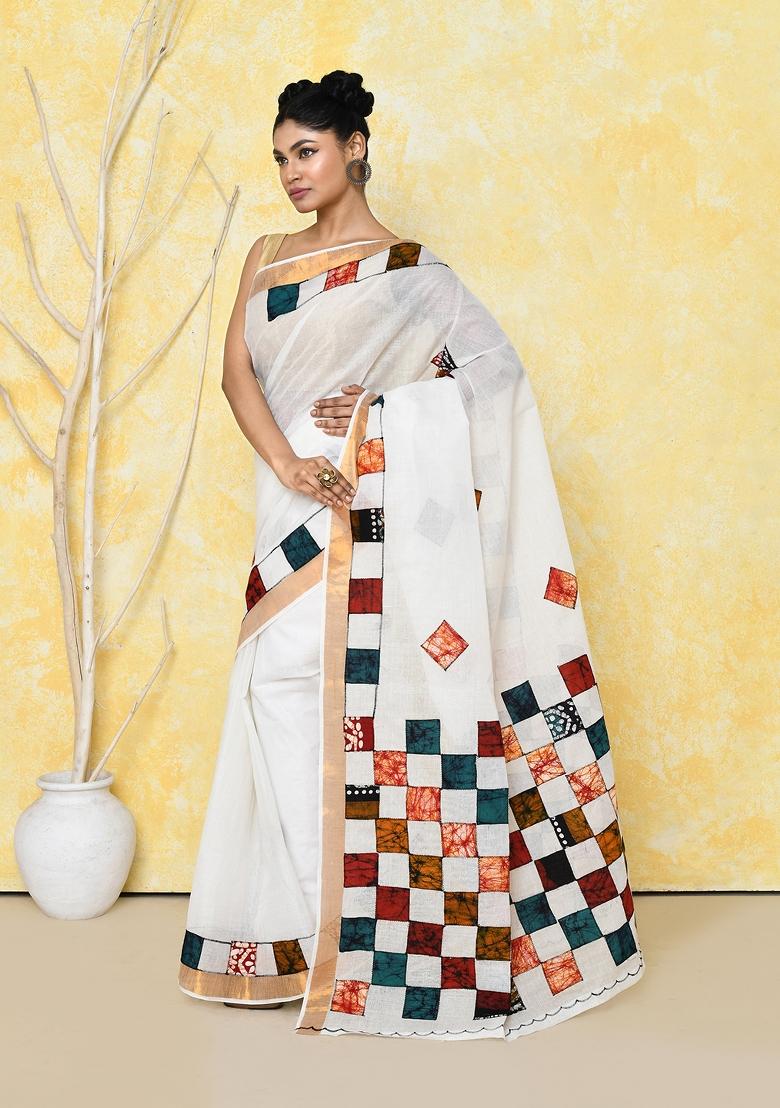 White Embroidered Cotton Saree