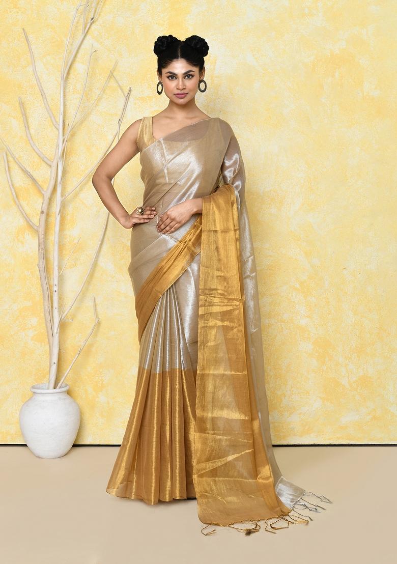 Silver Gold Solid Tissue Saree Set