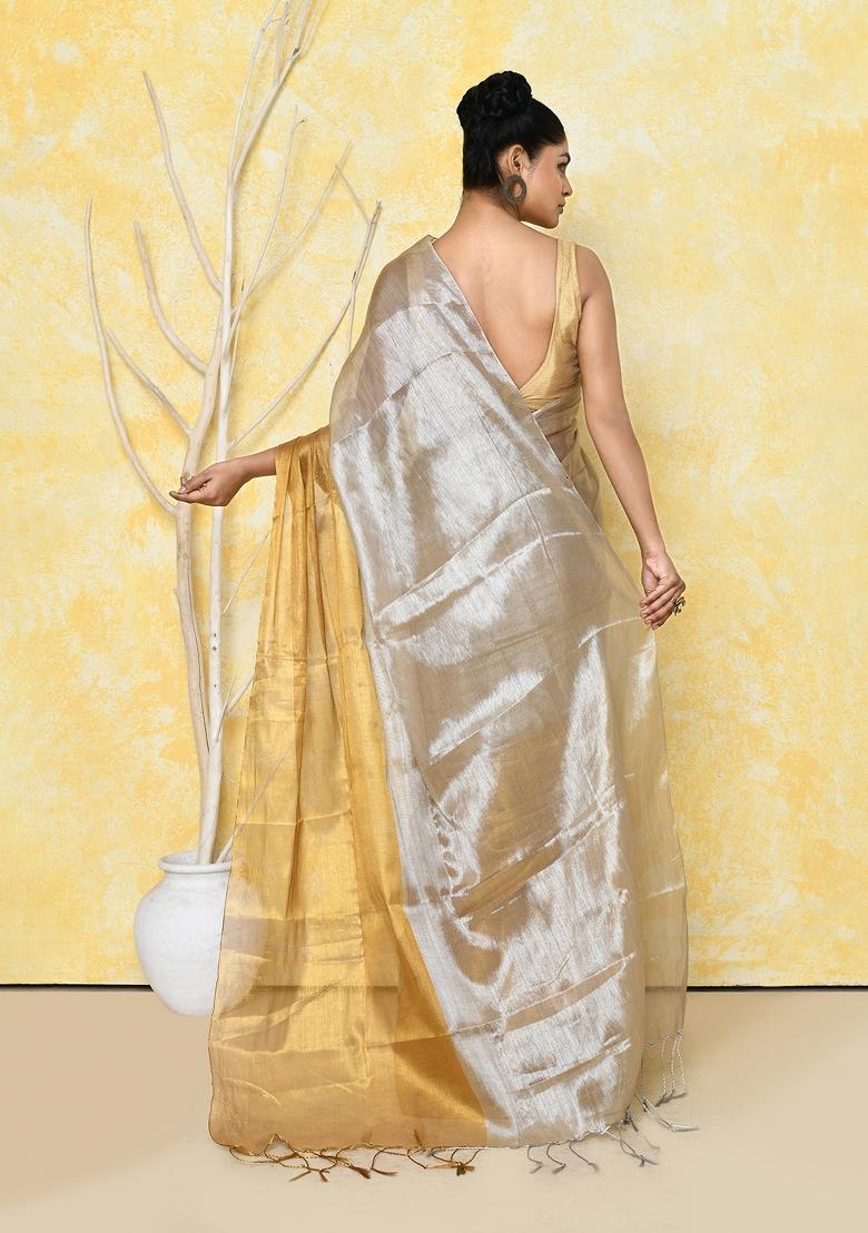 Silver Gold Solid Tissue Saree Set